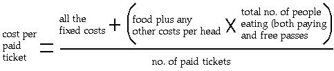 cost per paid ticket = (fixed costs + (per head costs x total eating))/no. of paid tickets